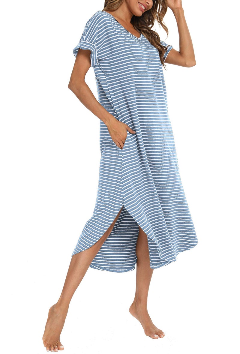 AVIIER Nightgowns for Women Cotton V Neck Sleepwear Short Sleeve Loungewear (Blue While, Small) - Image 3